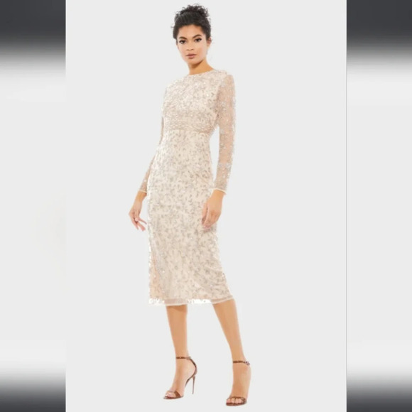 MAC DUGGAL, Beaded Tea Length Dress w/ Sheer Sleeves, Porcelain, Size 4 - NWT!!! - Picture 1 of 15